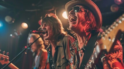 Rock band members sharing a laugh on stage