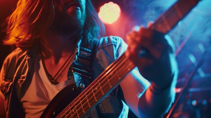 Obraz premium Rock bassist playing a powerful riff on stage
