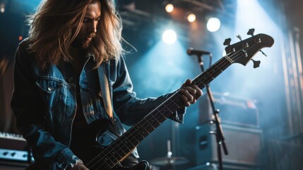 Obraz premium Rock bassist playing a powerful riff on stage