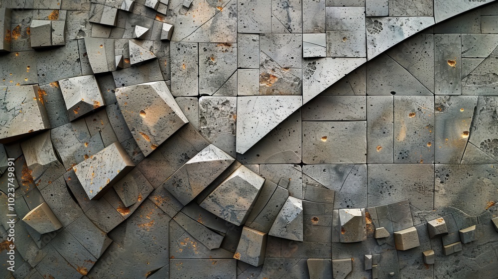 Poster close-up of an abstract geometric stone wall featuring a textured surface and intricate artistic pat