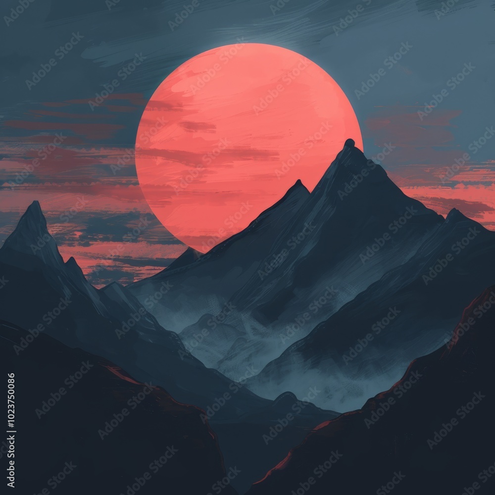 Poster a mountain range with a large red sun in the sky. the sun is setting and the sky is a deep blue. the