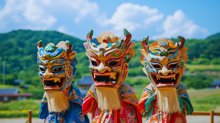 Andong Mask Dance Festival in Korea, dancers wear brightly colored traditional wooden masks, they...