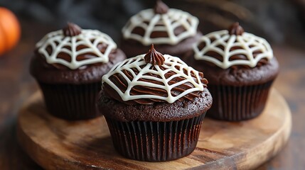 Spider web cupcakes, decorated with rich chocolate frosting and a white icing web, perfect for a creepy yet tasty treat, 