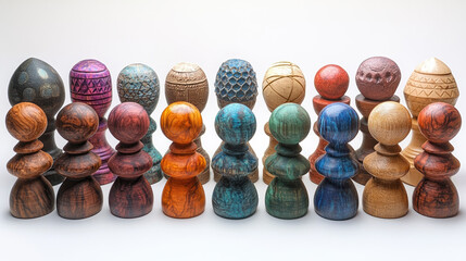 A collection of colorful wooden figurines arranged artistically, symbolizing the joy and cultural significance of Hanukkah.