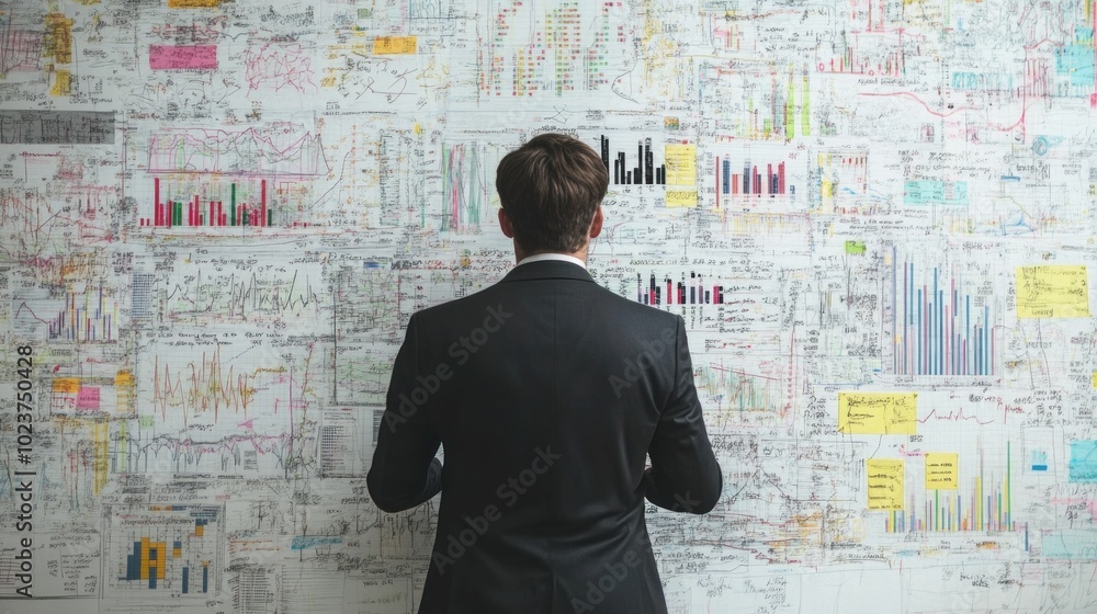Poster a man in a suit analyzing a wall filled with colorful graphs and data charts.
