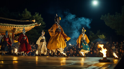 Andong Mask Dance Festival in Korea, dancers wear brightly colored traditional wooden masks and hold torches, they dance on an open stage at night, Ai generated images