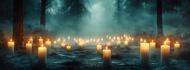 Lit candles in foggy dark mysterious forest creating a haunting atmosphere. Witchcraft, magic, mystery, esoteric, spirituality themes
