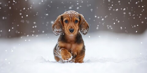 dachshund puppy in the winter snow 