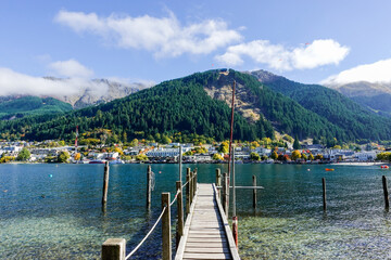 View of Queenstown and lake Wakatipu from the pier on the littoral