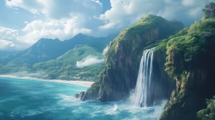 Fototapeta premium Idyllic Coastal Island with Lush Mountains and Waterfalls