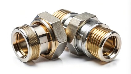 Metal and polypropylene water pipe couplings connected together, isolated on white background