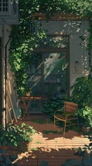 A painting of a garden with a chair and a table. The chair is empty and the table has a potted plant on it. The painting has a peaceful and relaxing mood