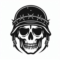 Obraz premium simple image of a skull in a military helmet tied with barbed wire isolated on a white background, in logo or icon style