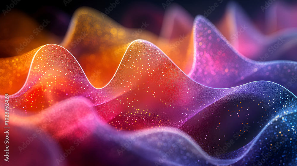 Poster vibrant abstract waves of color creating a mesmerizing pattern in a surreal digital landscape at nig