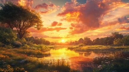 A breathtaking sunset over a tranquil river, painting the sky with vibrant hues of orange and pink, as the sun dips below the horizon, casting a golden glow on the water and surrounding trees.