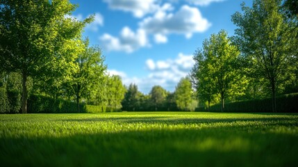 Obraz premium A lush green lawn with a vibrant green hedge and trees in the background, bathed in sunlight with a blue sky and clouds above.