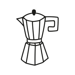 Hand drawn Italian geyser coffee maker, espresso machine. Kitchen utensils doodle illustration