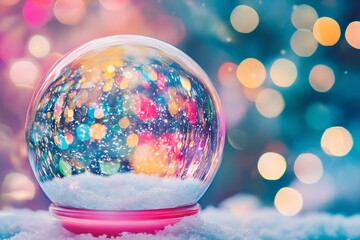 A glass ball with snow on it is surrounded by a blurry background. The snow on the ball is white and the background is a mix of blue and pink. Scene is festive and joyful