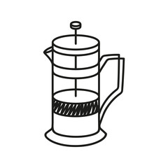 Hand drawn french press for tea or coffee. Kitchen utensils doodle illustration