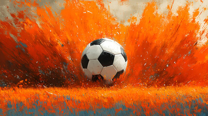 A dynamic soccer ball bursts through a vivid orange explosion on a textured background during a match