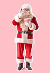 Santa Claus eating tasty popcorn on pink background