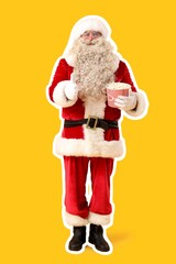 Santa Claus with tasty popcorn showing thumb-up on yellow background