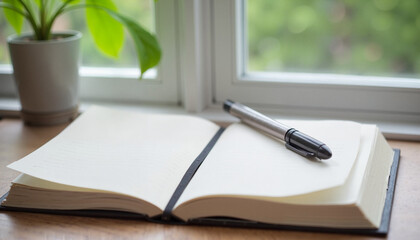 Open Notebook with Pen on Windowsill with Plant, with Copy Space