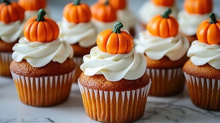 Pumpkin spice cupcakes, topped with cream cheese frosting and mini fondant pumpkins, 