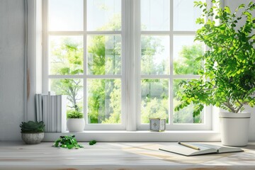 Fototapeta premium Desk with green plant and spring view through window.