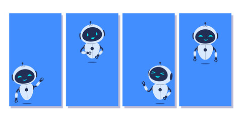 Vertical backgrounds with robot and copy space for text on blue background. Vector banners for tech-themed designs, chatbot concepts and digital communication projects
