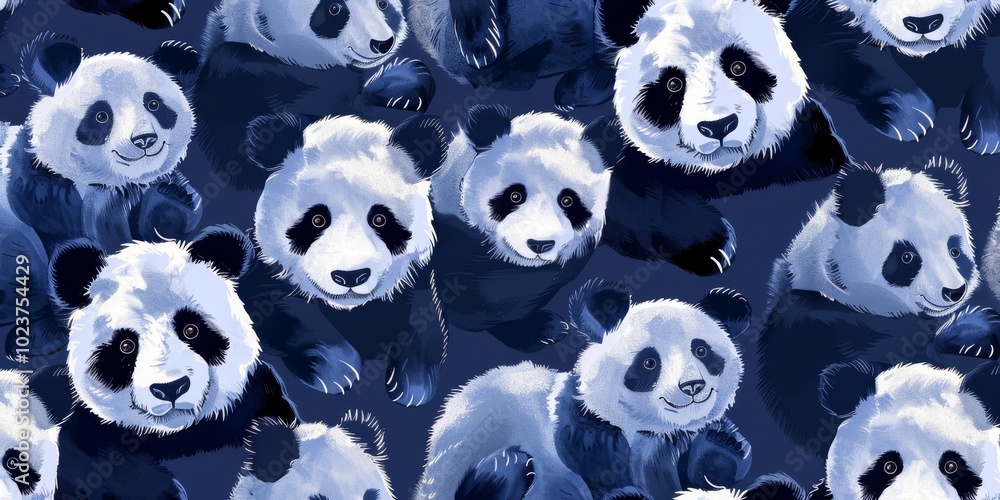 Poster adorable seamless pattern featuring pandas in different poses on a dark blue background, perfect for