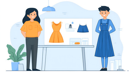 Two characters showcasing a dress design presentation at a creative studio with bright colors and a modern aesthetic