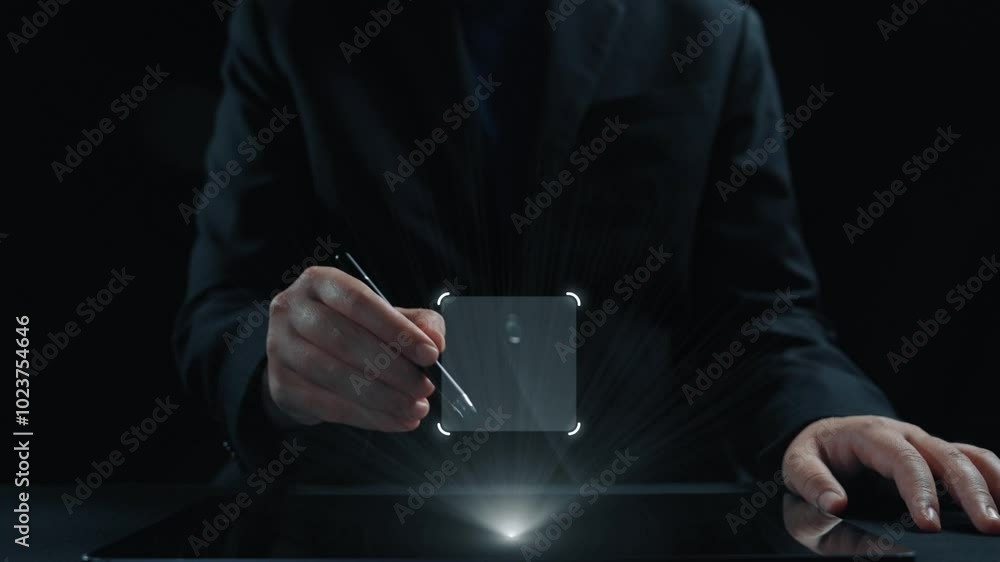 Poster business person checking email inbox, organizing and prioritizing messages for better productivity. 
