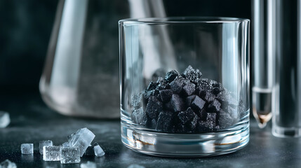 Glass container with black sugar cubes and laboratory equipment in dark setting