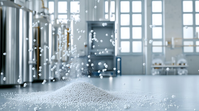 Granulated material scattering in industrial setting with machinery background