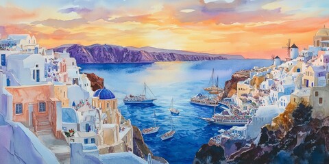 Naklejka premium Stunning sunset view over the calm sea in Santorini. Lovely pastel colors highlight the picturesque buildings. A peaceful setting for relaxation and inspiration. AI
