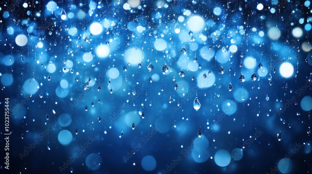 Poster a serene blue background with sparkling droplets, evoking a calming and refreshing atmosphere.