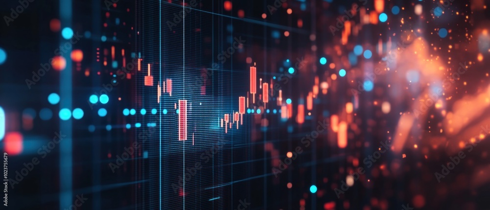 Poster abstract glowing red and blue digital background with a grid pattern and data points.
