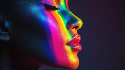 A woman's face is painted with rainbow colors