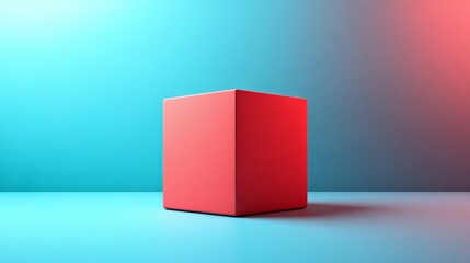 A red cube is sitting on a blue background