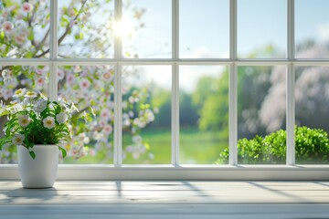 Fototapeta premium Table background with spring landscape and green plant.