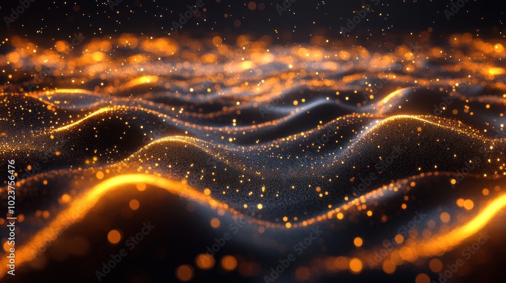 Poster abstract waves with glowing particles in a dark setting, creating a dynamic visual effect.