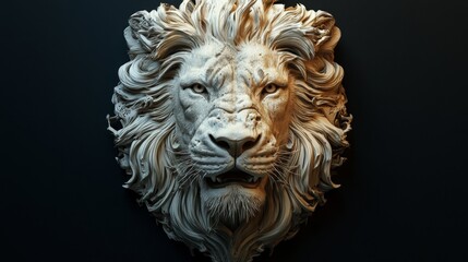 A lion's head is shown in a black background