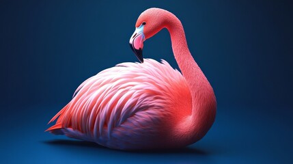 Fototapeta premium A pink flamingo is laying on its back on a blue background