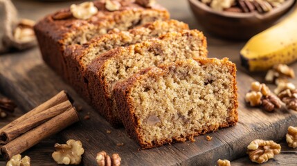 Fototapeta premium Freshly Baked Banana Bread with Nuts and Spices