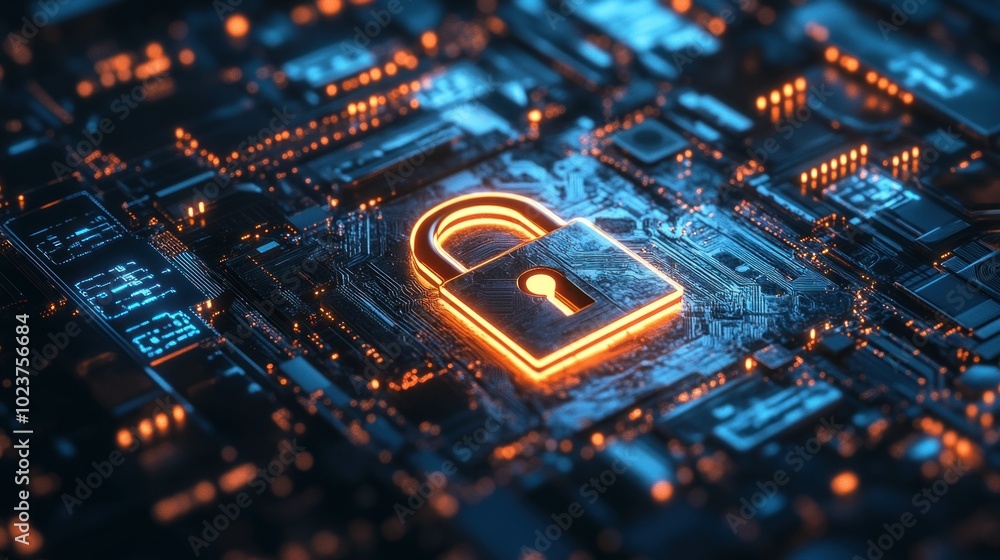 Aufkleber a digital lock symbol on a circuit board, representing cybersecurity and data protection.