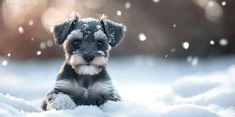 schnauzer puppy in the winter snow 