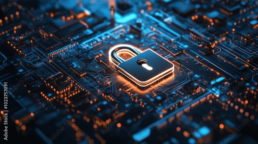 Poster a digital lock symbolizing cybersecurity on a circuit board background.