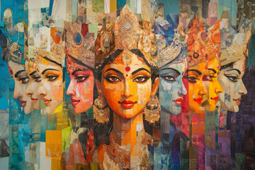 Colorful portrayal of divine femininity in vibrant, multi-layered art display