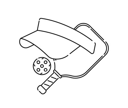 recommend clip art: Pickleball line icon. Racket for paddle with ball and cap. Sport equipment for tennis. Match and game. Graphic element for website. Outline vector illustration isolated on white background